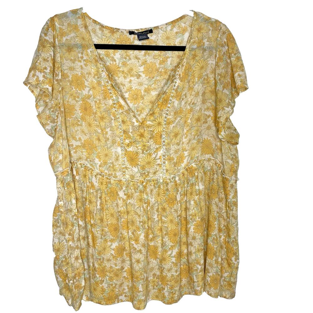 Robert Louis Floral Blouse Womens XL Crochet V-Neck Short Sleeve Babydoll Yellow